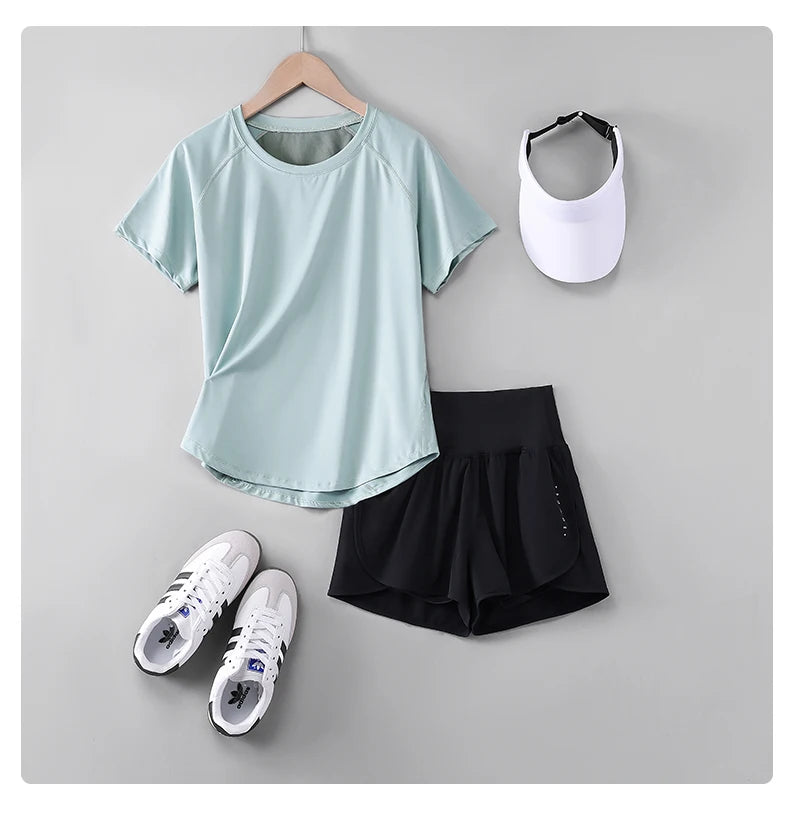 Female Short Sleeve Fitness Top and Running Shorts Sets