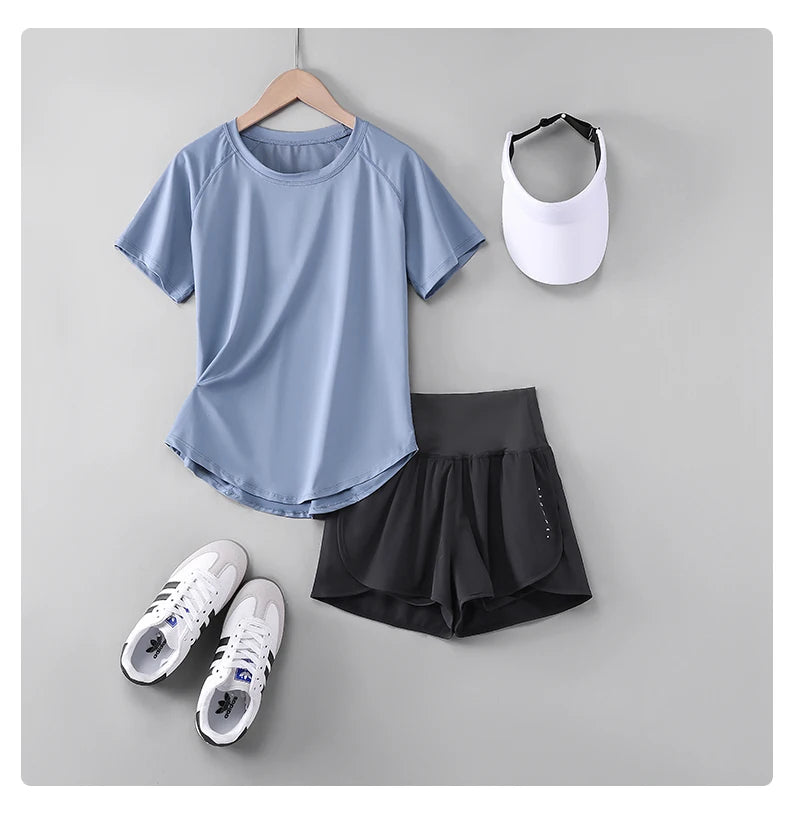 Female Short Sleeve Fitness Top and Running Shorts Sets