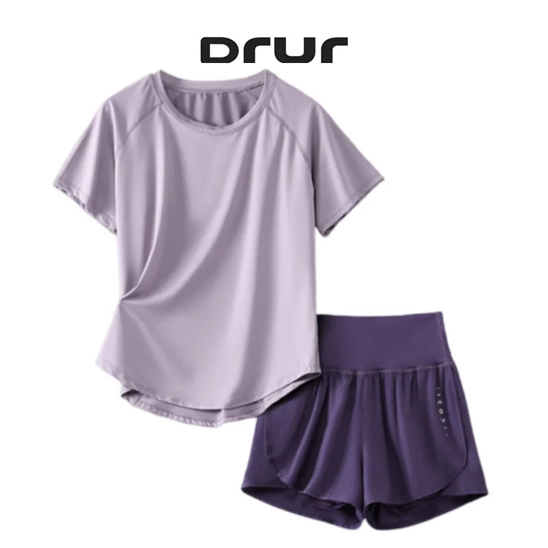 Female Short Sleeve Fitness Top and Running Shorts Sets