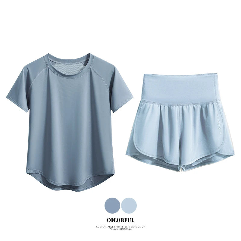 Female Short Sleeve Fitness Top and Running Shorts Sets