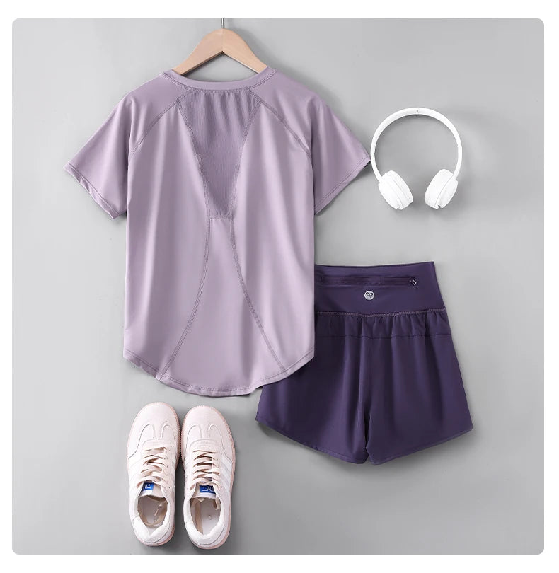 Female Short Sleeve Fitness Top and Running Shorts Sets