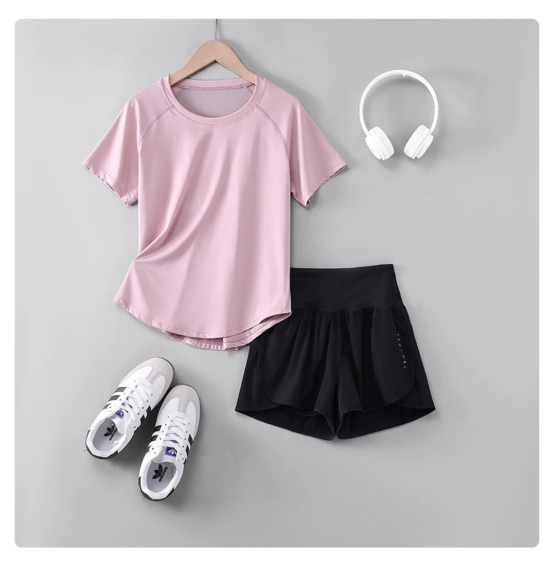 Female Short Sleeve Fitness Top and Running Shorts Sets