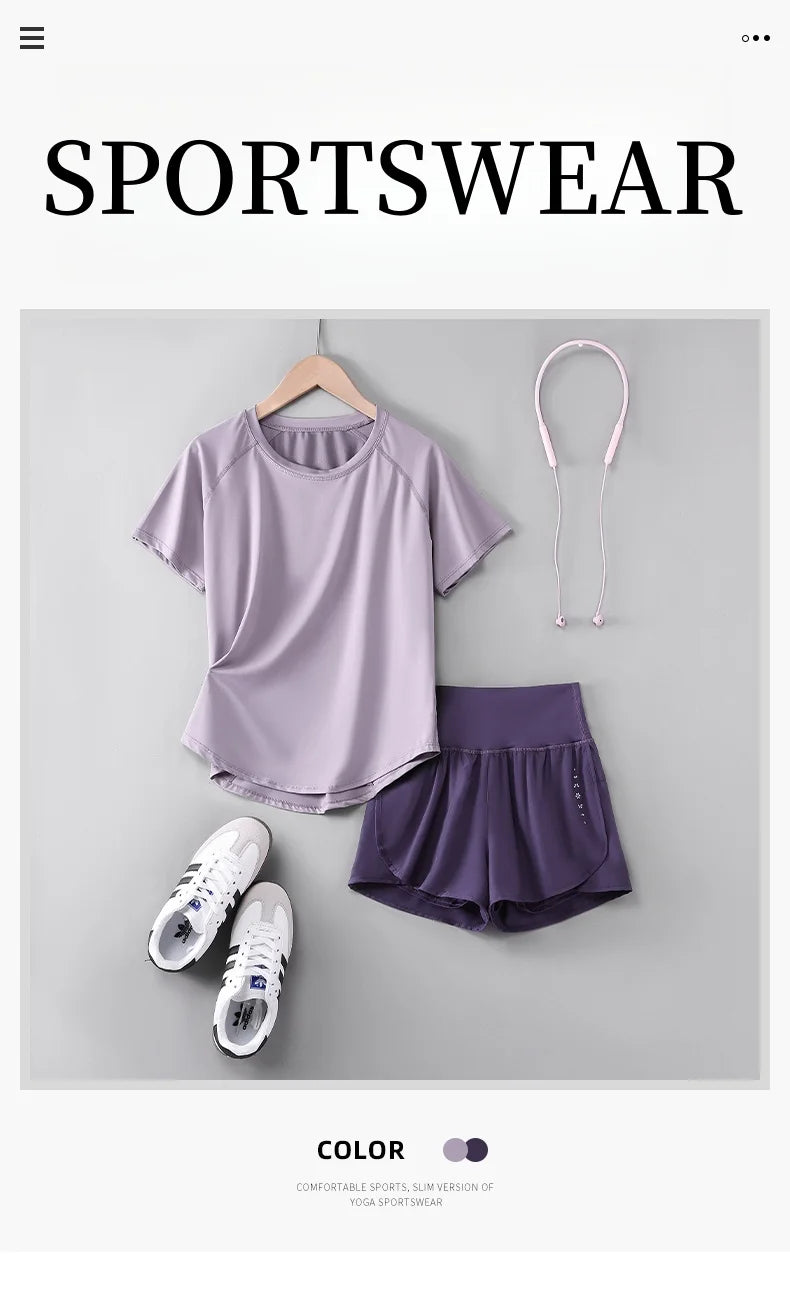 Female Short Sleeve Fitness Top and Running Shorts Sets