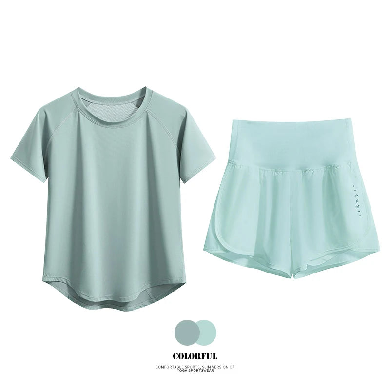 Female Short Sleeve Fitness Top and Running Shorts Sets
