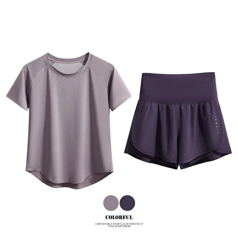 Female Short Sleeve Fitness Top and Running Shorts Sets