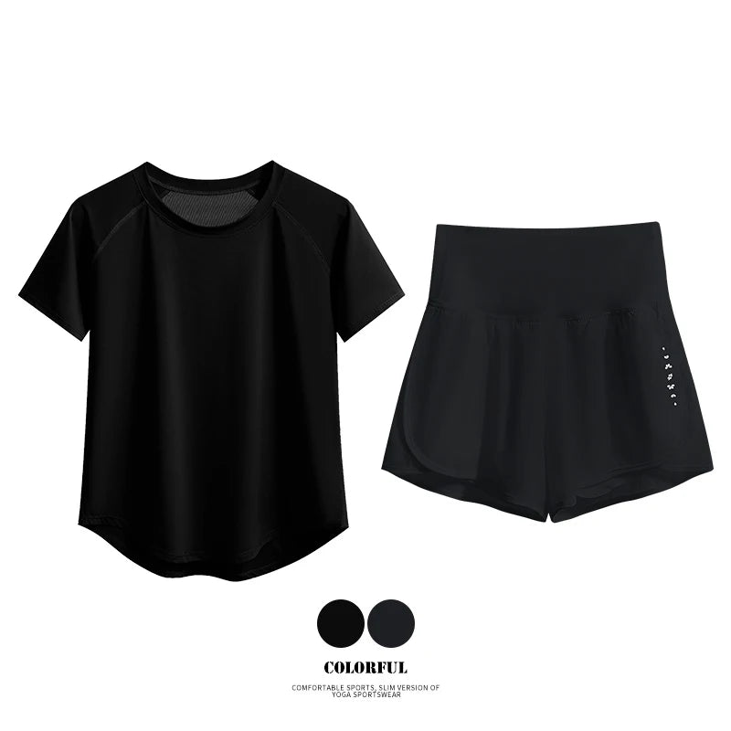 Female Short Sleeve Fitness Top and Running Shorts Sets