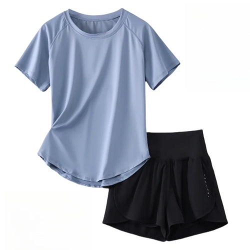 Female Short Sleeve Fitness Top and Running Shorts Sets