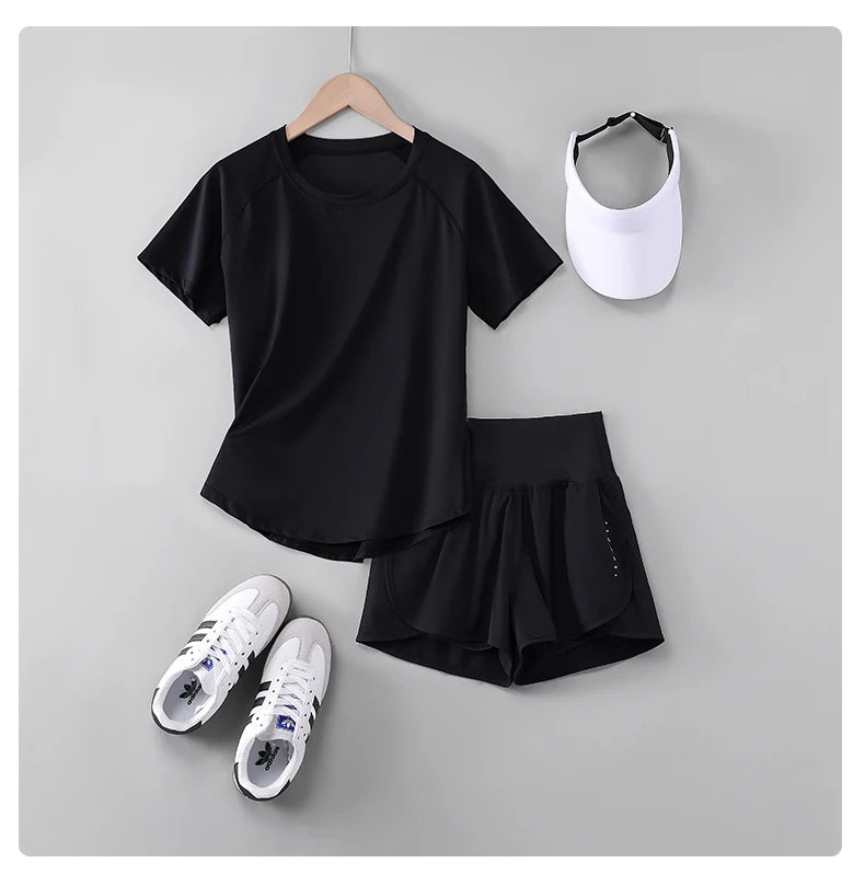 Female Short Sleeve Fitness Top and Running Shorts Sets